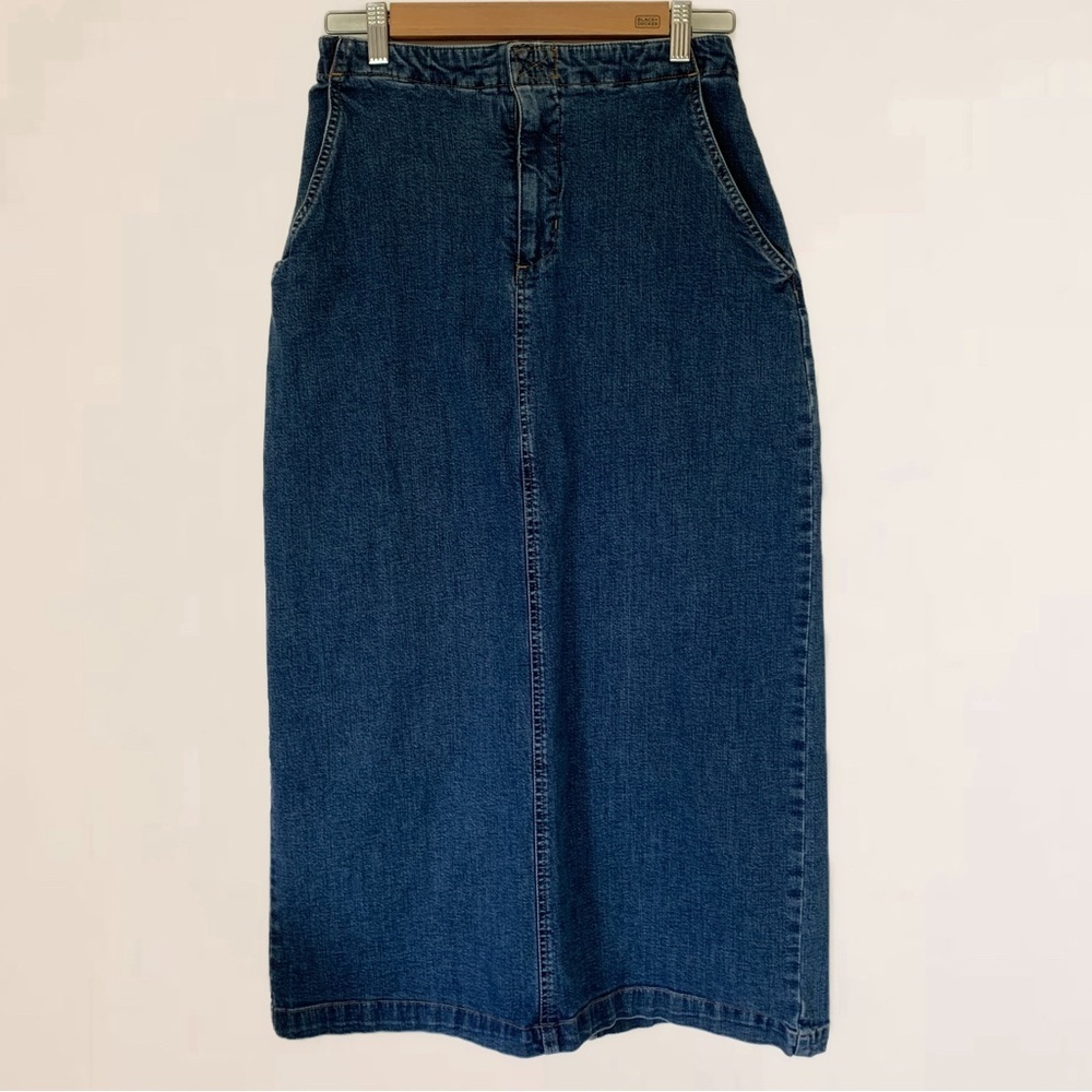 Vintage Cherokee Denim Skirt 1990s Y2K Zip Closure Pockets Back Slit Midi Length